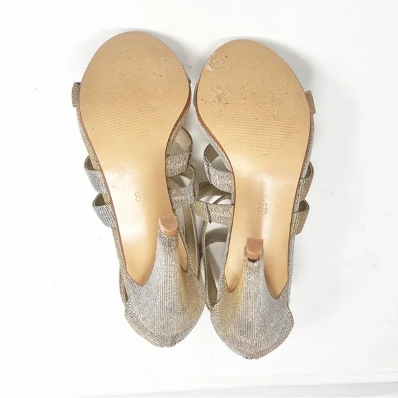 Audrey Brooke Gold Metallic Sparkly AB Shanice Wide Strappy Heels Sz 8.5 - Picture 7 of 11